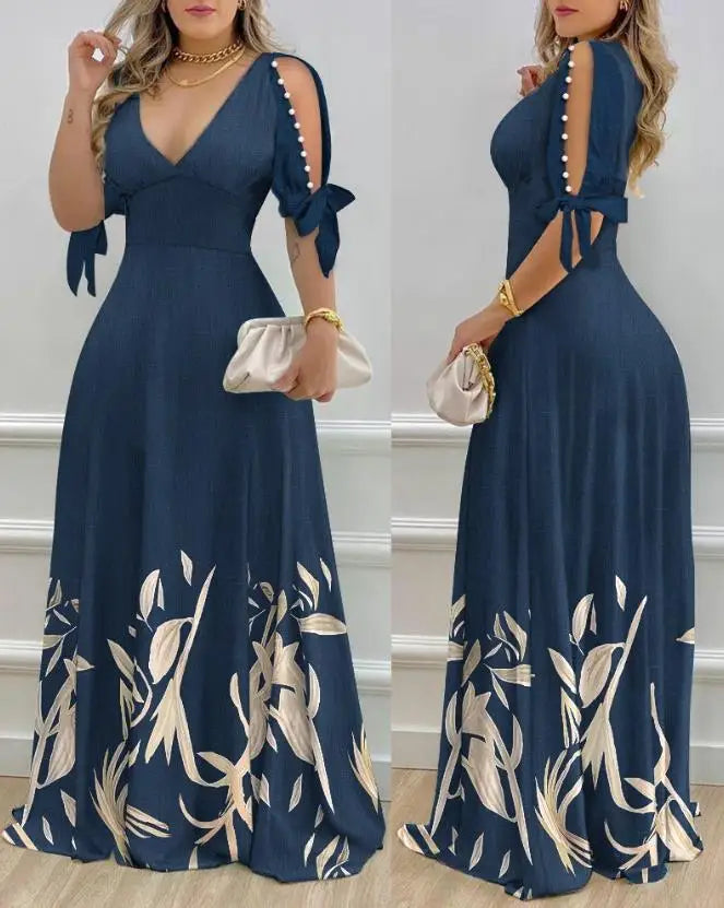 New Fashion 2024 Summer Casual Colorblock V-Neck Bell Sleeve Maxi Dress Sexy Elegant Dresses for Women Female Clothing Outfits