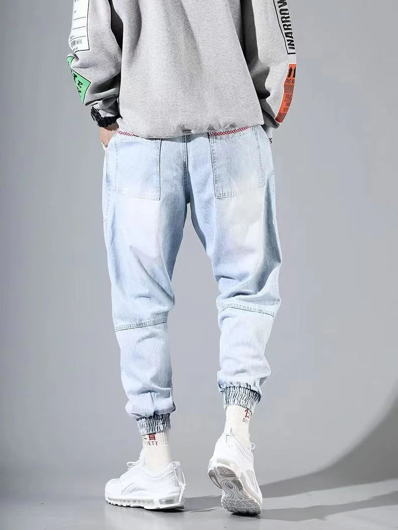 S-5XL Baggy Denim Pants for Men Autumn/winter Trendy Loose Cargo Jeans Casual Korean Slim Legged Male Hip-Hop Capri Pants Blue