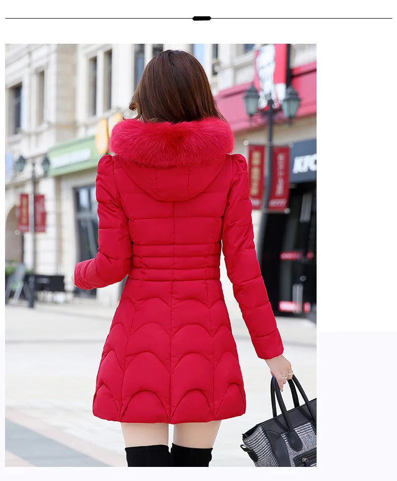 Cotton Padded Women Hoodie Medium Length Slim Fit Knee Length Bread Jacket Niche Plush and Thick Hooded Gentle and Versatile