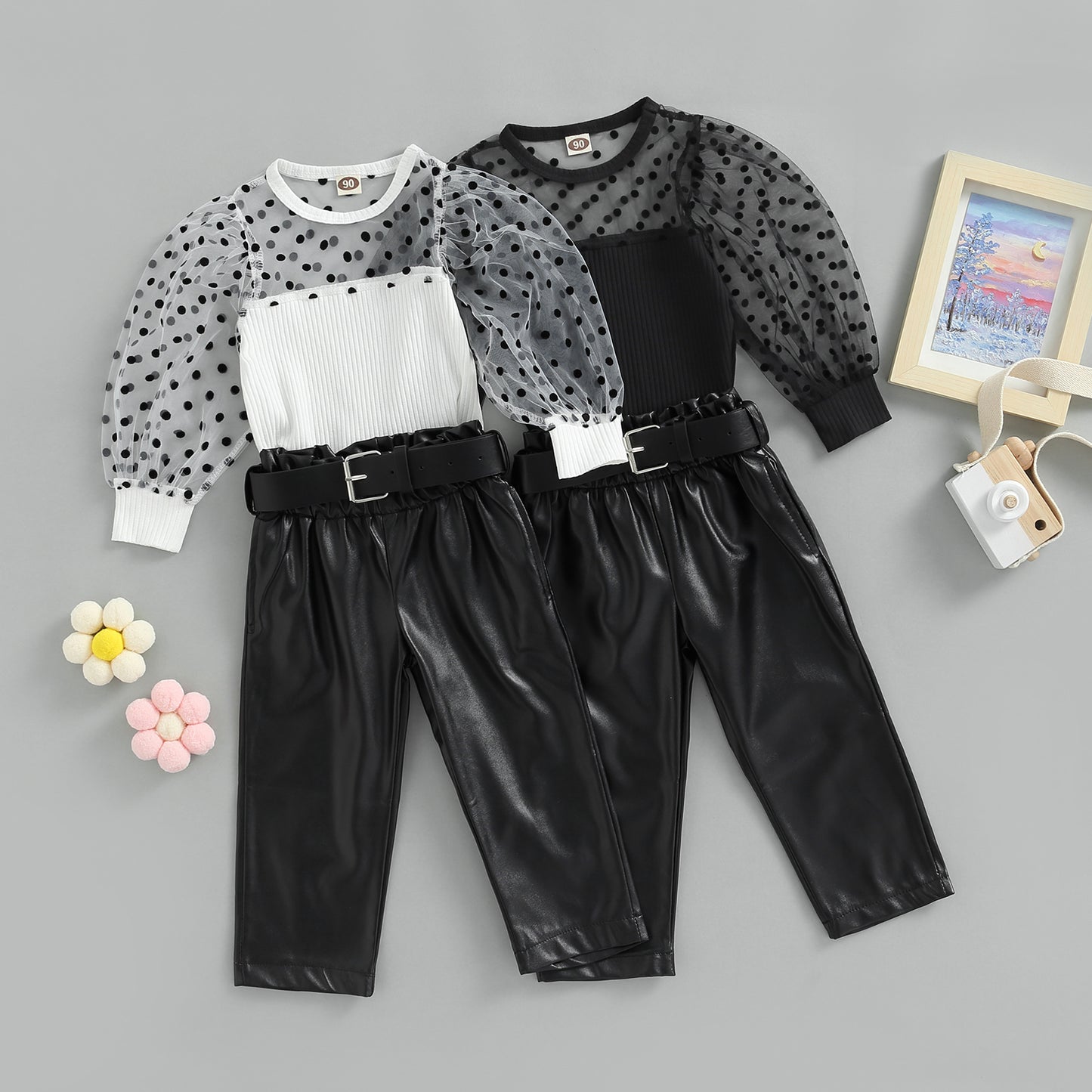 Kids Baby Girls Autumn Clothes Outfits Dot Print Long Mesh Sleeves Shirt Tops and Casual PU Leather Pants with Belts Set 1-6T