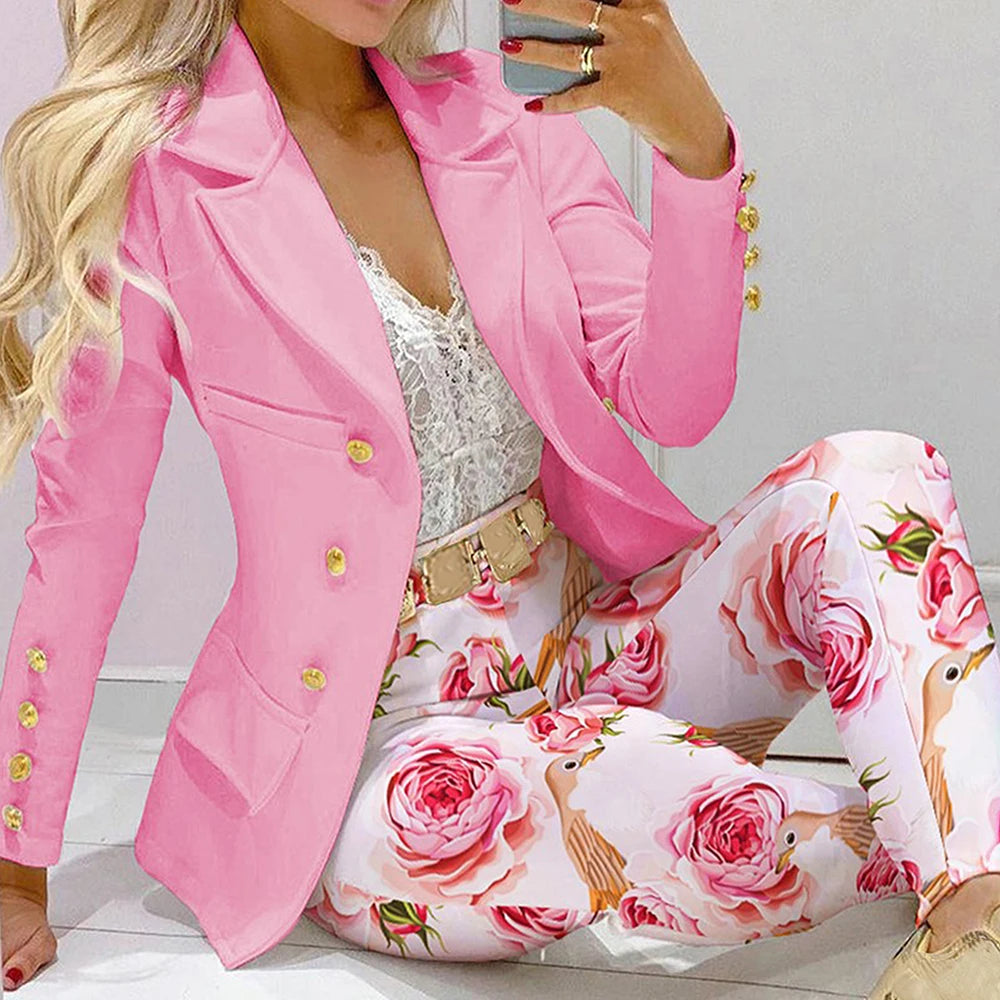 Fashion Women Jacket + Pants 2 Piece Set Spring New Button Long Sleeve Turn-down Collar Print Suit Casual Blazer Versatile Set