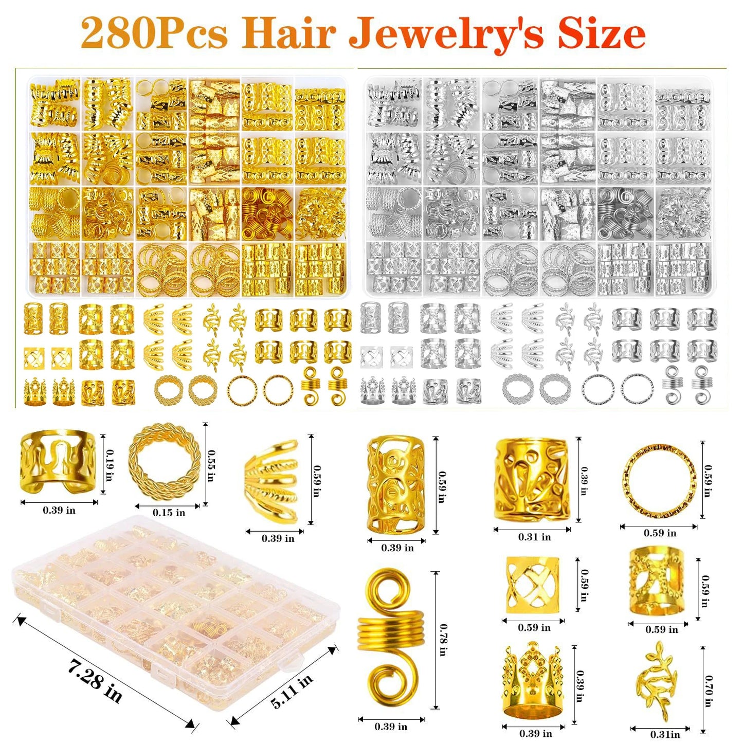 290Pcs Silver Gold Hair Beads Jewelry Braid Accessories Hair Clips Dreadlocks Braiding Braid Cuffs Metal Hair Rings Charms