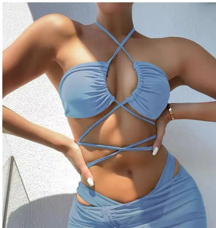 Women Sexy Halter Hollow Lace Up Y2K 3pcs Swimsuit Sets Summer Vacation Outfits Bikini Skirt Push Up Solid Beach Wear Swimwears