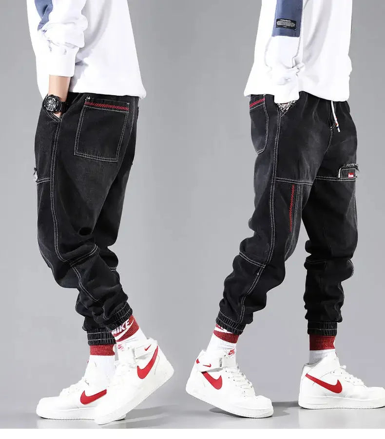 S-5XL Baggy Denim Pants for Men Autumn/winter Trendy Loose Cargo Jeans Casual Korean Slim Legged Male Hip-Hop Capri Pants Blue