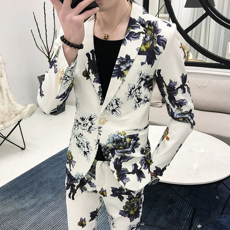 (Jackets+Pants) 2023 Men's Spring Printed Business Blazers/Male Slim Fit Casual Suit of Two Pieces Groom's Wedding Dress S-3XL