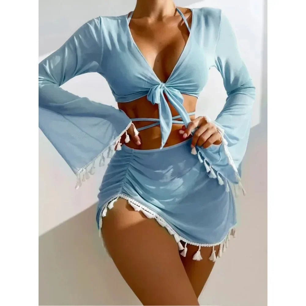 2024 New Women's Split Three-Four-Piece Set Solid Color Tassel Lace-Up Long Sleeves   Trade Swimsuit Bathing Suit