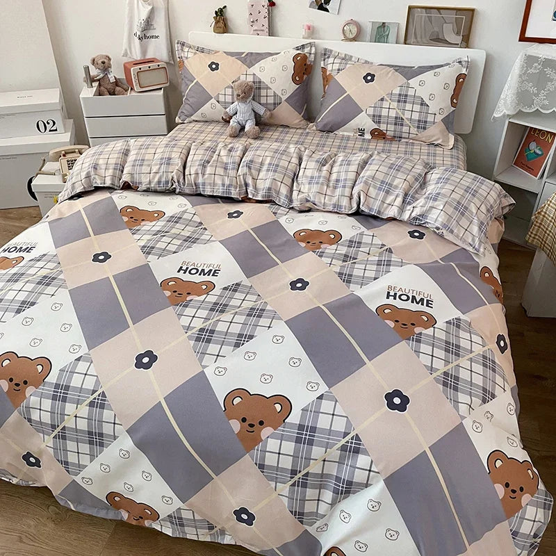 Kawaii Bear Bed Set Floral Duvet Cover Bed Linen Sheet Pillowcase Bedding Cute Dog Quilt Cover Full Queen King Size for Children