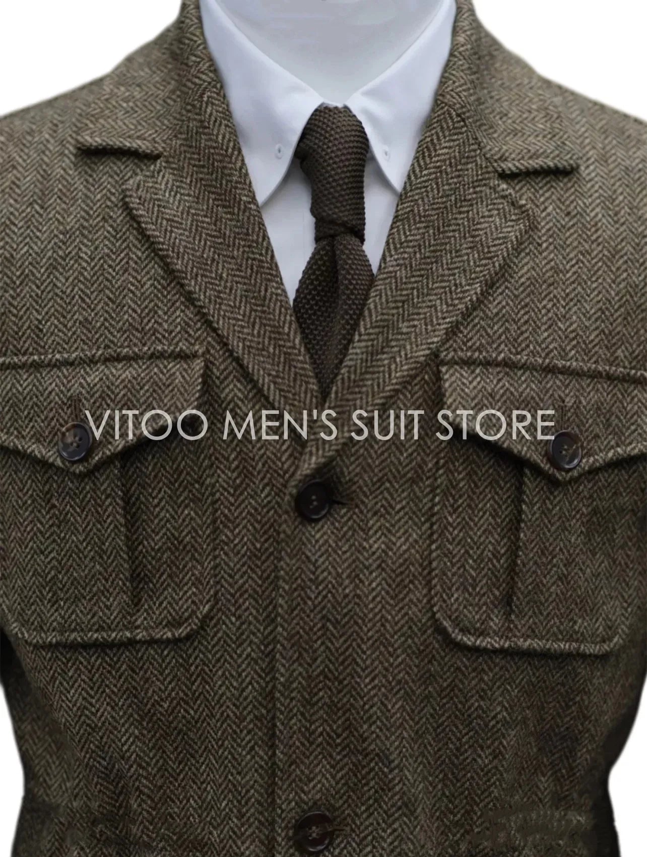 Winter Tweed Herringbone Men Suits/Classic Safari Jacket With Four Envelope Pocket/Unique Design Casual Male Clothing Coat+Tie