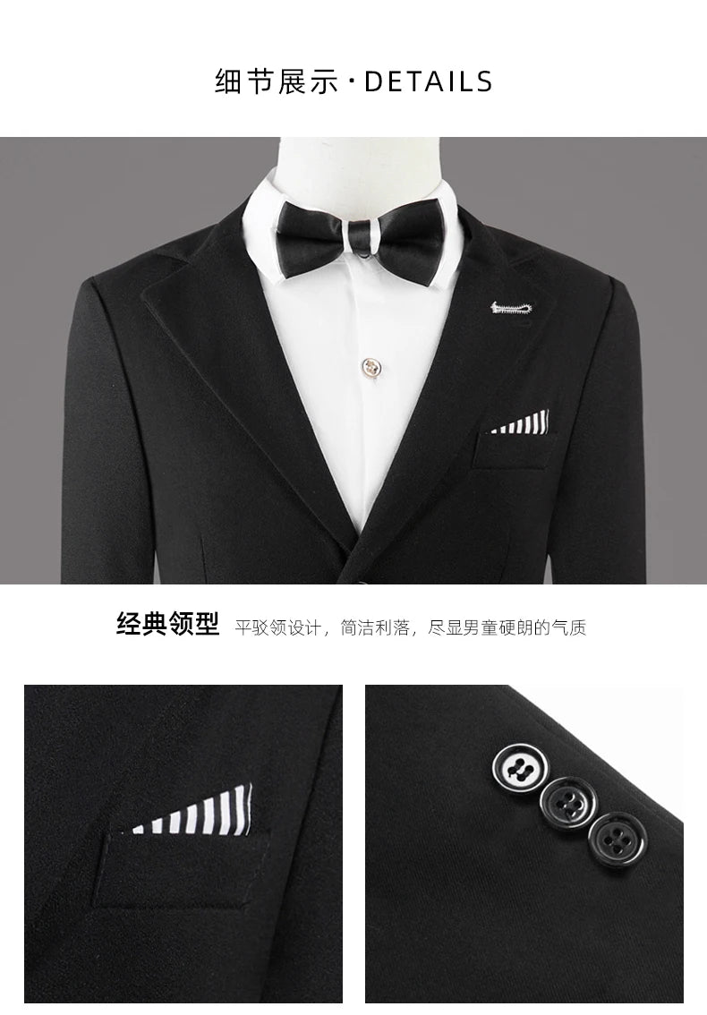 Boys Formal Black Dress Suit Set Handsome Children's Spring Autumn Wedding Piano Party Costume Kids Blazer Pants Bowtie Clothes