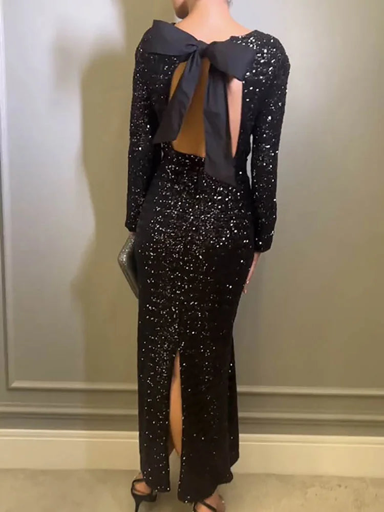 2024 Lacing Up Backless Patchwork Sequins Dress Women Elegant Party Slim Fit Club Dress Chic Long Sleeve Round Neck Black Dress