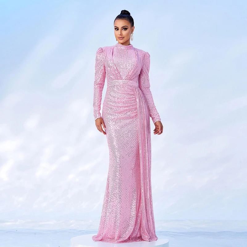 Women Luxury Elegant 2024 Long Sleeve O Neck Sequined Evening Party Formal Occasion Cocktail Prom Bridesmaid Maxi dresses