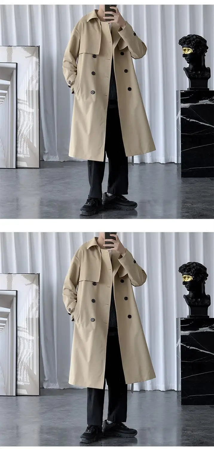 BROWON Korean Fashion Trench Coat Men Jacket Spring and Autumn X-Long Over Knee Men Coat Loose Casual Windbreaker Jackets Male