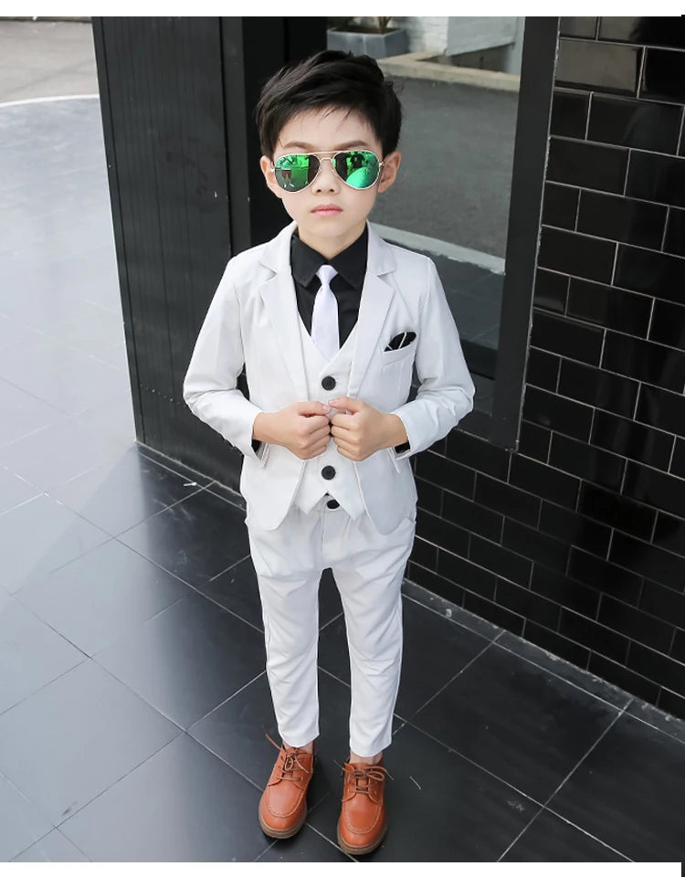 Flower Boys White Wedding Dress Suit Formal Kids Prom Baptism Tuxedo New Children's Day Performance School Uniform Costume,H126