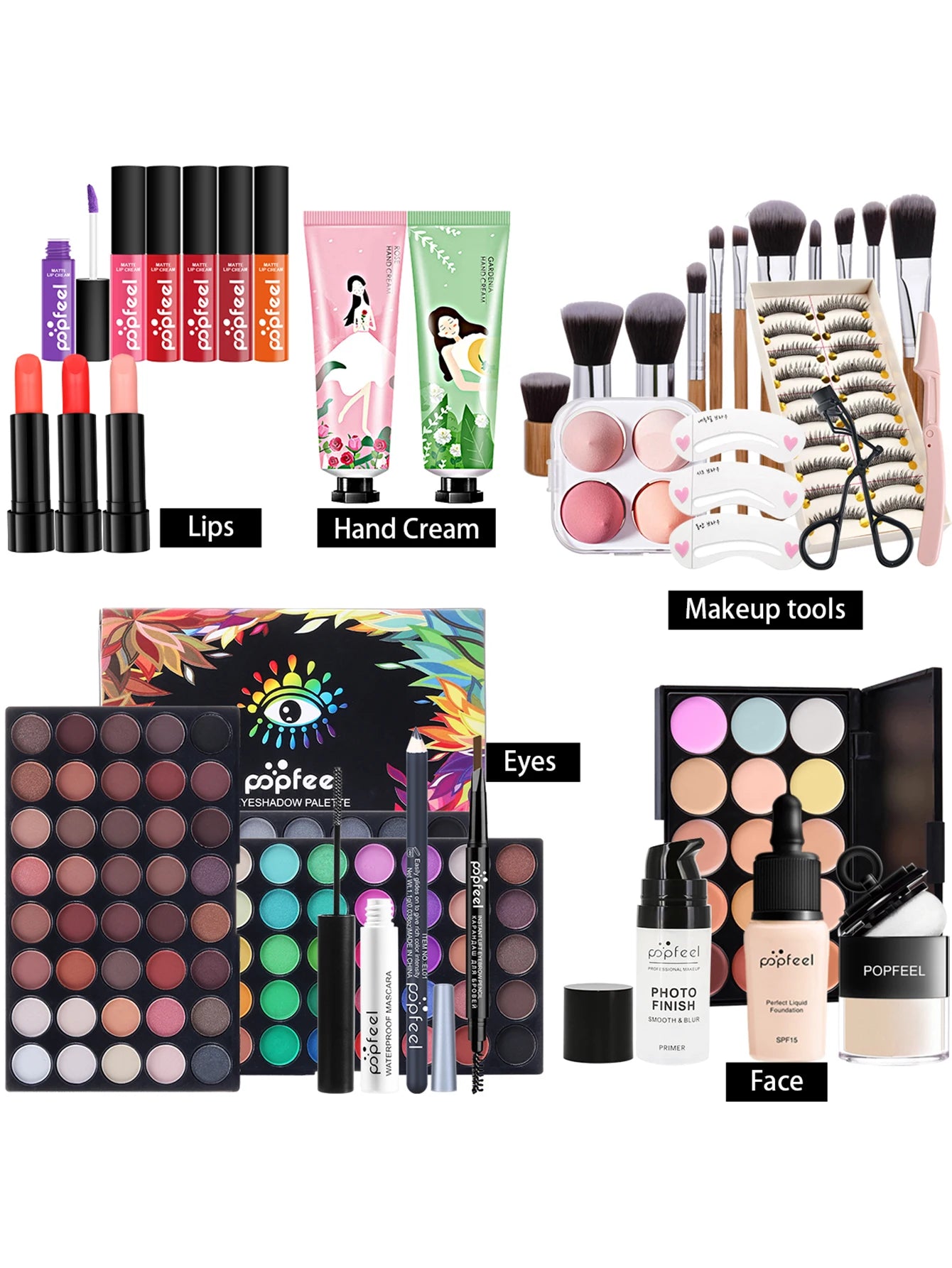 Makeup Box Set, Cosmetic Gift Box Eyeshadow Eyeliner Eyebrow Pen Lipstick Lip Gloss Primer Foundation Loose Powder Brushes Puff