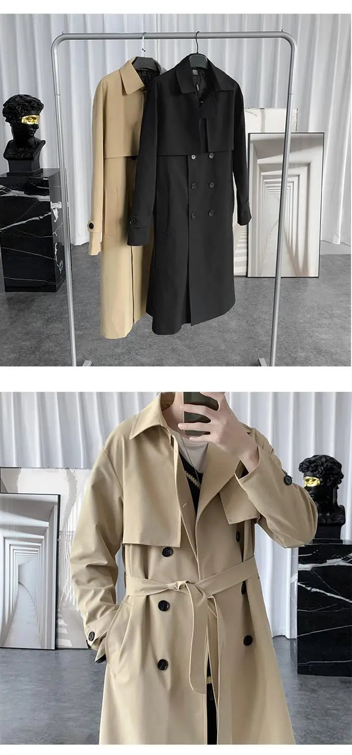 BROWON Korean Fashion Trench Coat Men Jacket Spring and Autumn X-Long Over Knee Men Coat Loose Casual Windbreaker Jackets Male