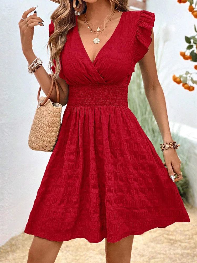 Elegant Short Dresses For Women Summer Casual Slim Red Sleeveless Holiday Beach Dress Fashion V Neck A-line New In Dresses 2024