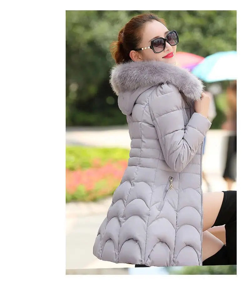 Cotton Padded Women Hoodie Medium Length Slim Fit Knee Length Bread Jacket Niche Plush and Thick Hooded Gentle and Versatile