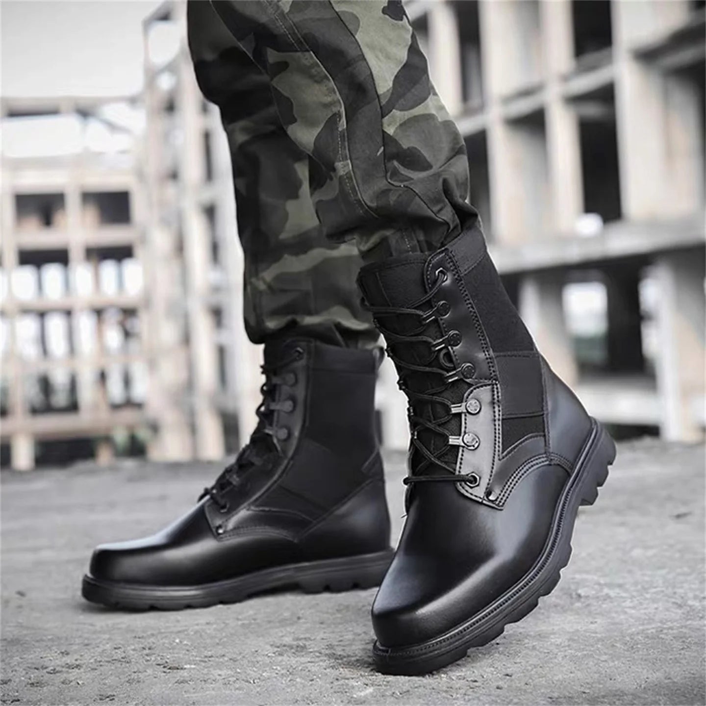 High Top Black Leather Tactical Boots Men's Outdoor Hunting Shoes Waterproof Breathable Steel Head Hiking Training Boots