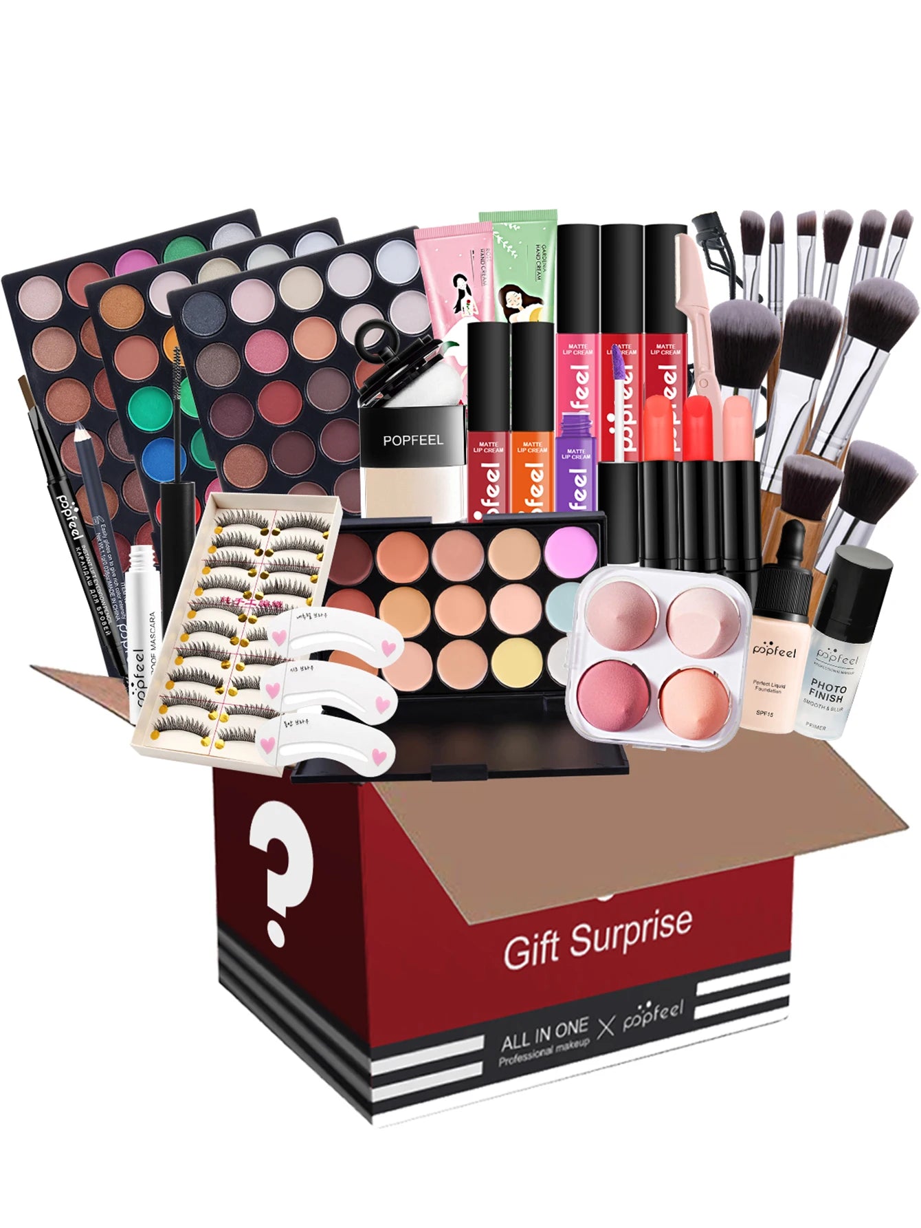 Makeup Box Set, Cosmetic Gift Box Eyeshadow Eyeliner Eyebrow Pen Lipstick Lip Gloss Primer Foundation Loose Powder Brushes Puff