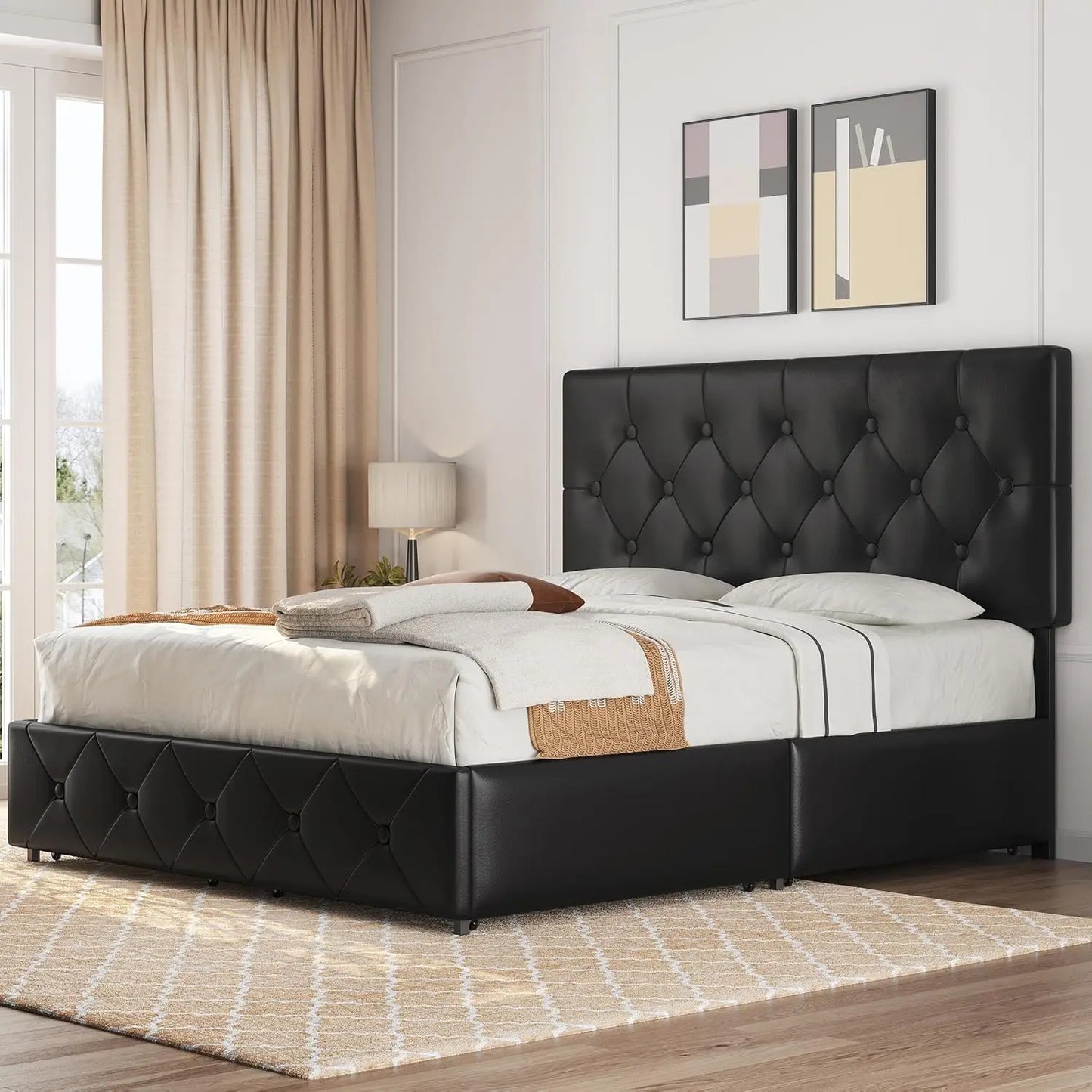 Upholstered Bed Frame with 4 Drawers and Adjustable Headboard, Faux Leather Platform Bed, Queen Size