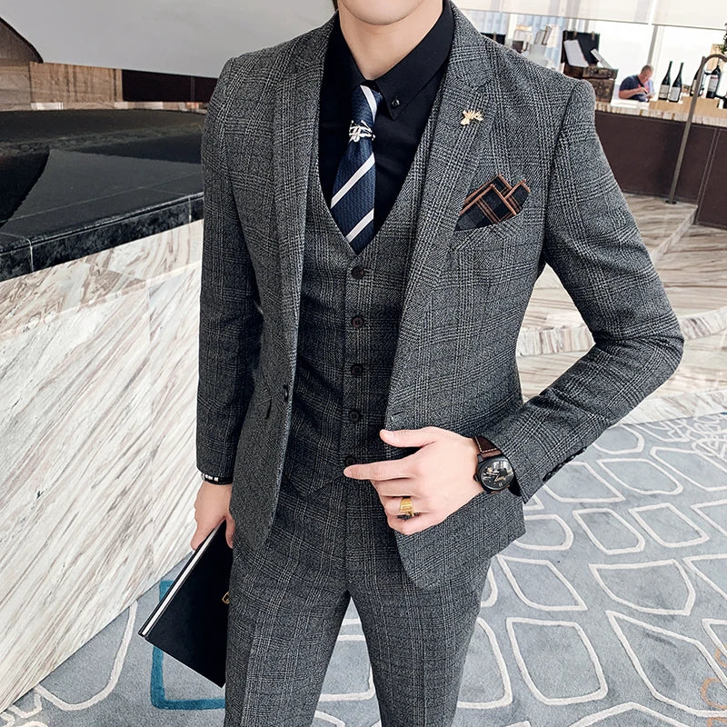 High Quality British Korean Modified Plaid Men (suit + Vest + Trousers) Stylish and Handsome Business Casual Three-piece Suit