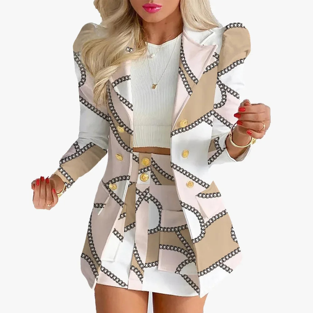 2024 Women Printed Single Breasted Jacket and Mini Skirt Set Ladies Long Sleeve Skirt Suit 2-piece Office Women Dress Skirt Set