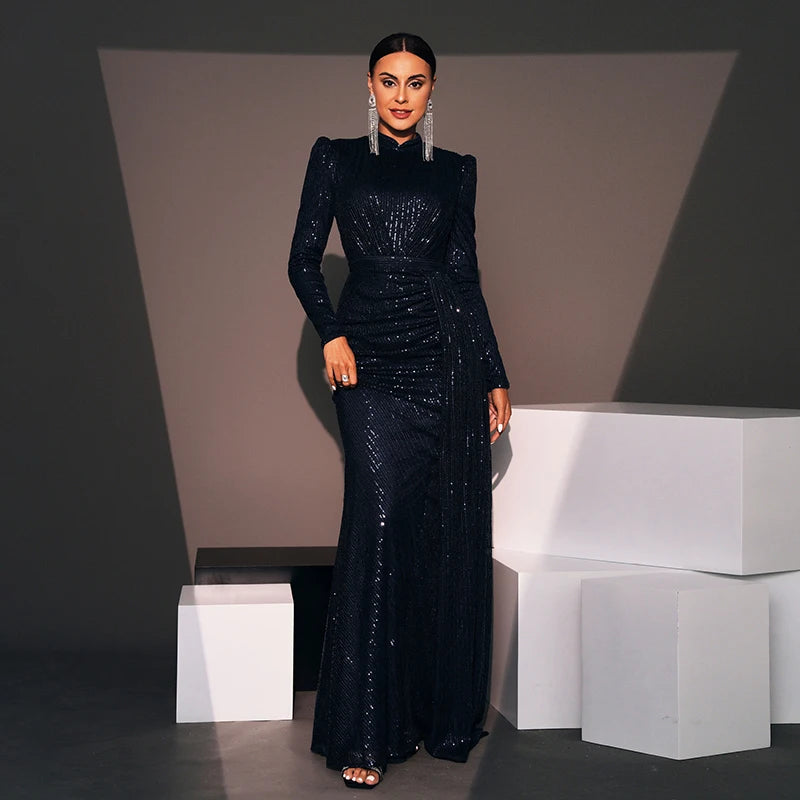 Women Luxury Elegant 2024 Long Sleeve O Neck Sequined Evening Party Formal Occasion Cocktail Prom Bridesmaid Maxi dresses