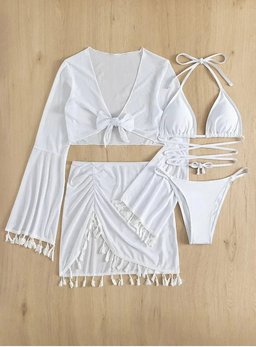 2024 New Women's Split Three-Four-Piece Set Solid Color Tassel Lace-Up Long Sleeves   Trade Swimsuit Bathing Suit