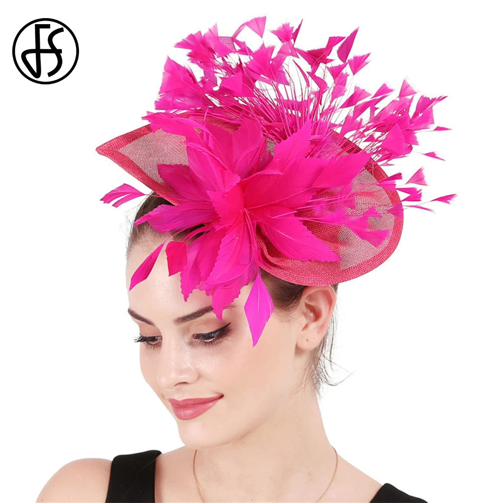 FS Rose Red Fascinators Kentucky Hats For Women Luxury Wedding Ceremony Church Headdress Ladies Cocktail Party Dress Derby Cap