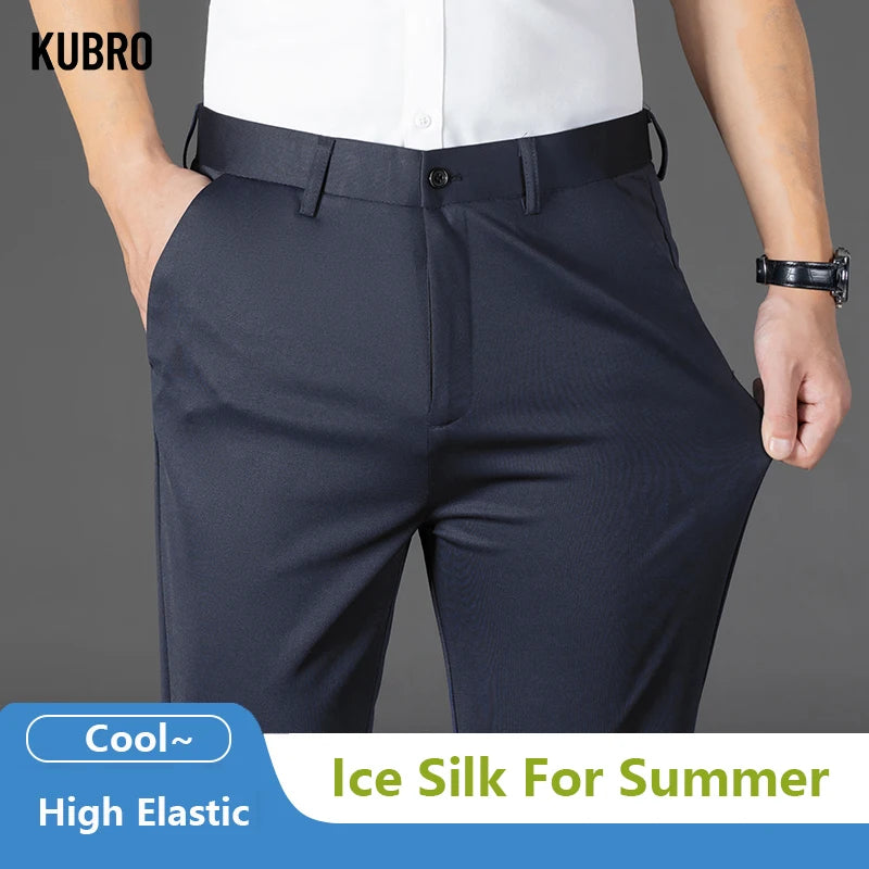 KUBRO Male Pants Stretch Ice Silk Smart Casual Men's Trousers Office Quick Dry Suit Pants New Spring Autumn Korean Straight 2024