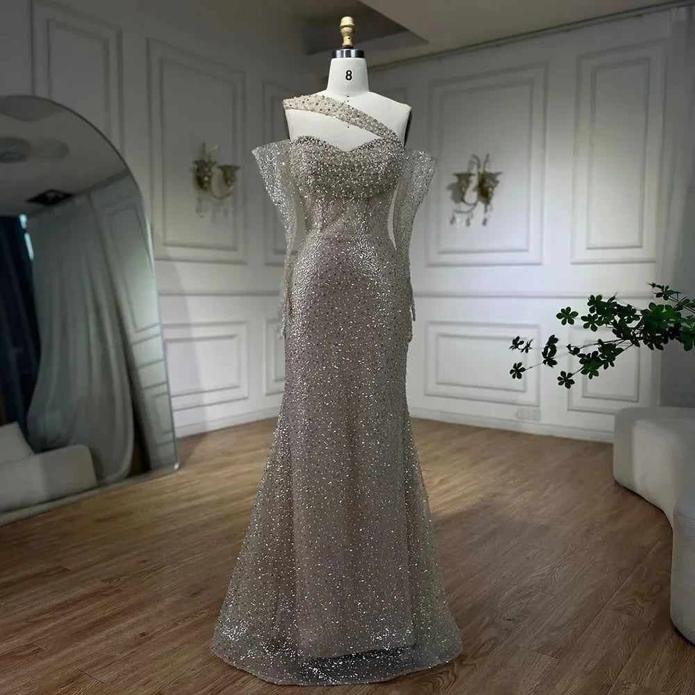 Customized2024 Arab Nude One Shoulder Mermaid Evening Dress Elegant Luxury Gown With Beaded For Party LA72365 Customized