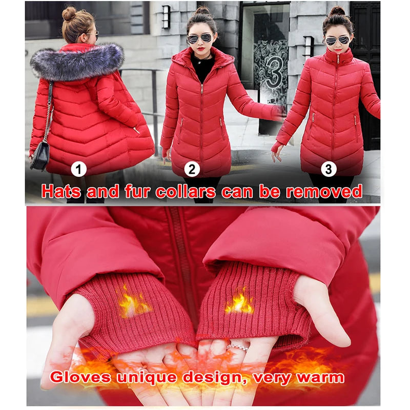 2023 New Wool Collar Hooded Winter Jacket Parkas Women's Jacket Thick Warm Cotton Cushion Down Coat Parka Coat Winter Long Fit D