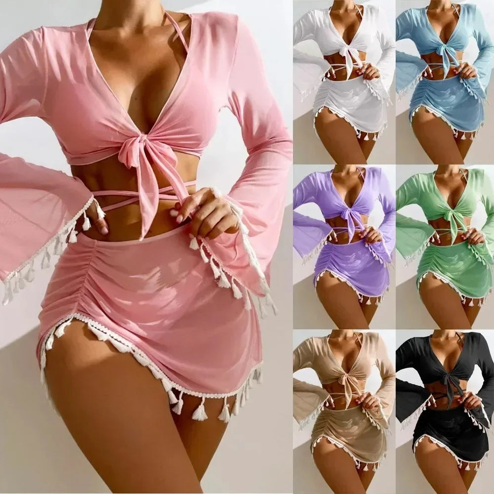 2024 New Women's Split Three-Four-Piece Set Solid Color Tassel Lace-Up Long Sleeves   Trade Swimsuit Bathing Suit