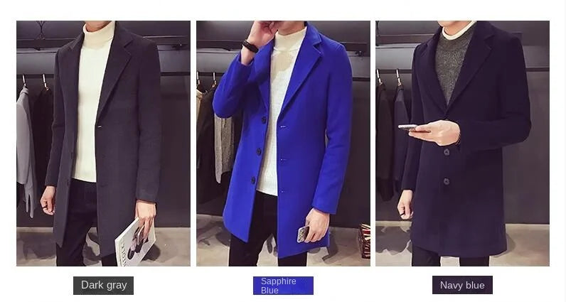 Autumn and Winter Slim Fit Long Wool Coat for Men's Single Breasted Lapel, Street Fashion Business Trench Coat for Men Clothing