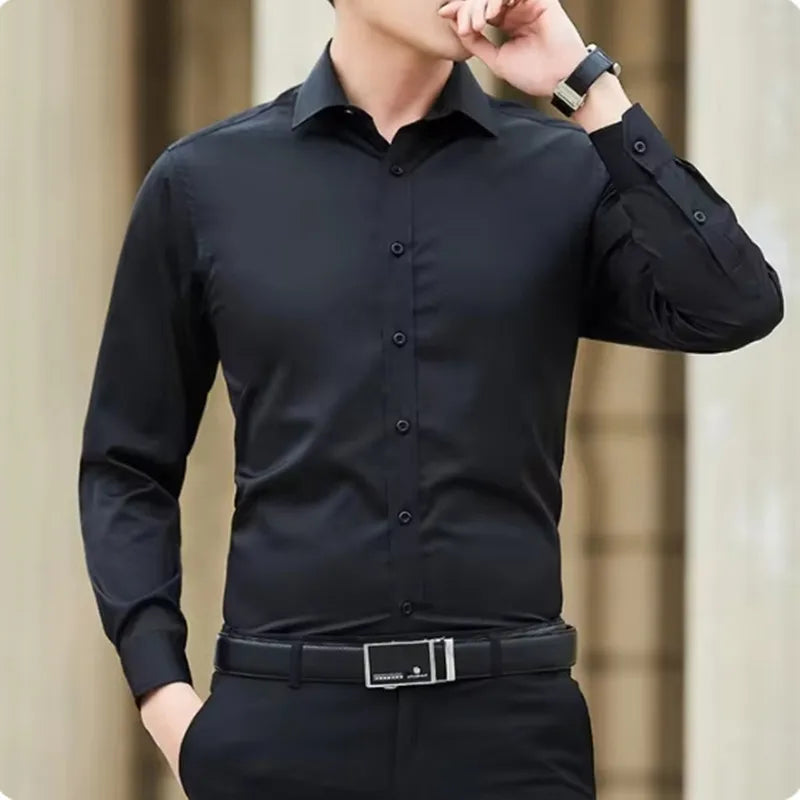 2024 New Men's Long Sleeve Fashion Shirt Designer Style Business Elastic Wrinkle Resistant Soft Comfortable Office Black White