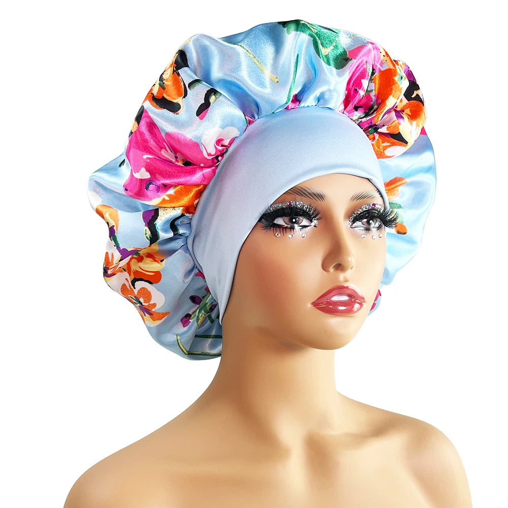 Women Satin Bonnet Cap Silky Big Bonnet for Women Floral Printing Sleep Cap Design Boneet's