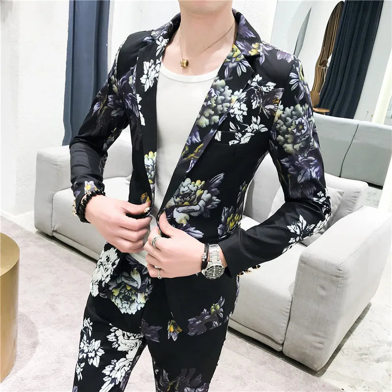 (Jackets+Pants) 2023 Men's Spring Printed Business Blazers/Male Slim Fit Casual Suit of Two Pieces Groom's Wedding Dress S-3XL