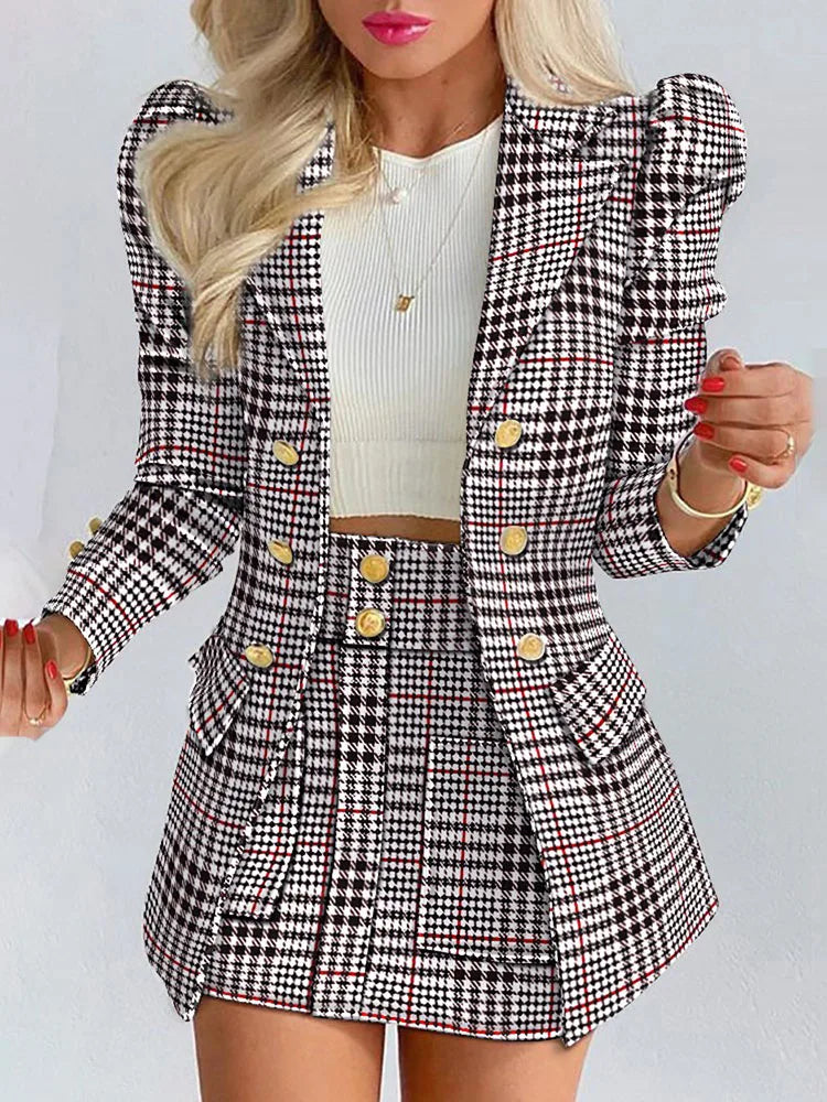 Spring Autumn New Printed Suit Set Short Skirt Women's Temperament Slim Tops Coat + Half Mini Skirt Female Office Suit Sets Kirt