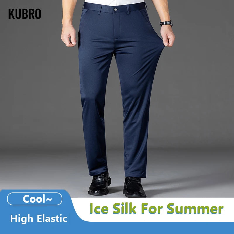 KUBRO Male Pants Stretch Ice Silk Smart Casual Men's Trousers Office Quick Dry Suit Pants New Spring Autumn Korean Straight 2024