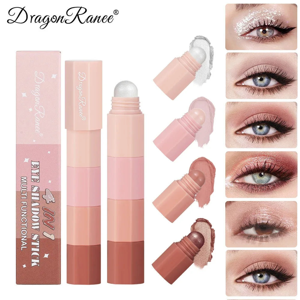 Coral Brown Mini Eye Shadow Stick 4 IN 1 Combo Pearlescent Metallic High Gloss Highlighter Multi-purpose Eyeshadow Crayon Pen