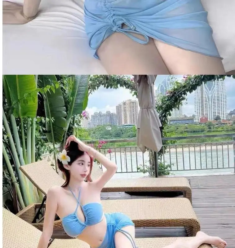 Women Sexy Halter Hollow Lace Up Y2K 3pcs Swimsuit Sets Summer Vacation Outfits Bikini Skirt Push Up Solid Beach Wear Swimwears