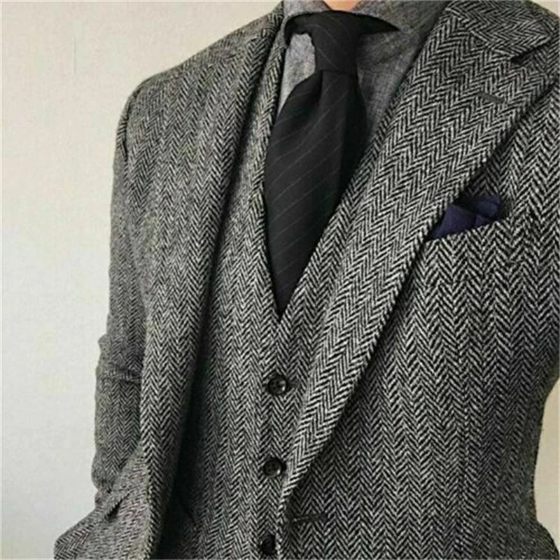 Grey 3 Piece Wedding Tuxedos Notched Lapel Two Buttons Herringbone Tweed Formal Men Suits Custom Made Peaky Blinders Bridegroom