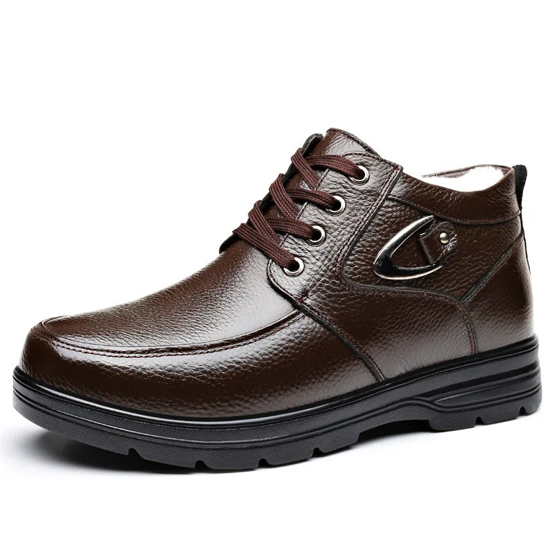 New in Men's Genuine Leather Boots Winter Snow Shoes Wool Inner Anti slip Father Ankle Boots Waterproof Warm Man Cotton Boot