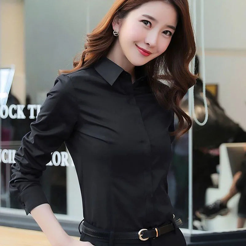 Fashion Women White Shirts Korean Long-sleeve Professional Formal Work Shirt Ladies Office OL Buttons Turndown Collar Blouses