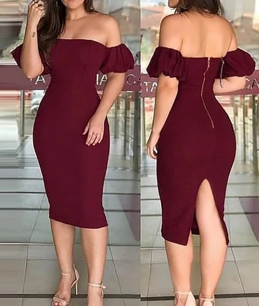 Women's Elegant Style 2024 Spring/summer Latest Commuting Style Solid Color Burgundy One Shoulder Bubble Sleeve Tight Long Skirt