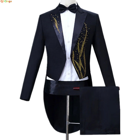 Black Men's Magic / Performance Tuxedo Two-piece, White Fashionable Slim-fit Tuxedo, Suit Jacket with Pants, Asia Size S-4XL