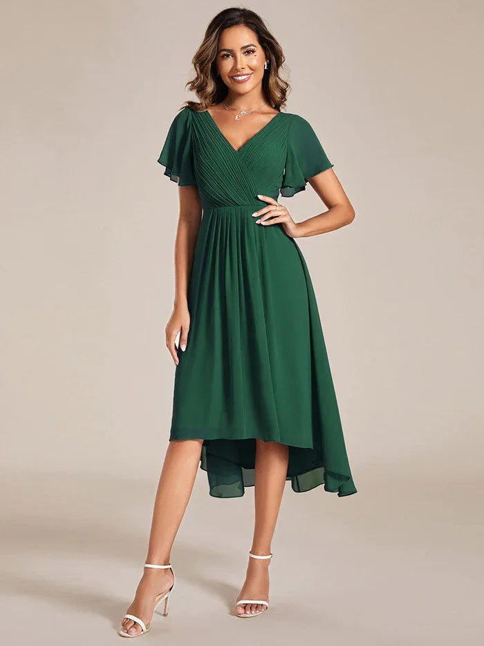 Ever-Pretty 2024 Woman'S  Chic V Neck Asymmetrical Hem Ruffles Sleeve Pleated Chiffon Dress