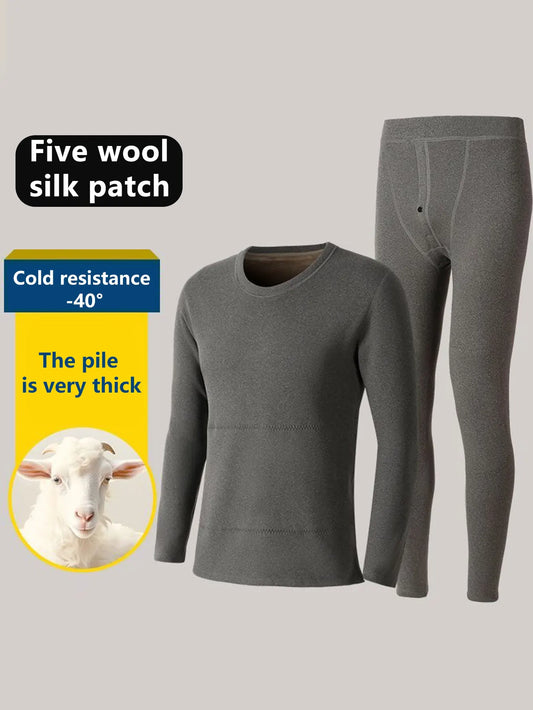 Men's thermal underwear wool lined base set, suitable for winter sleepwear set in cold weather