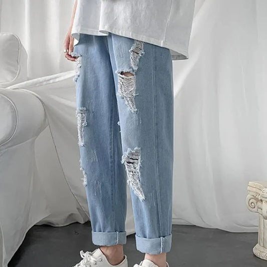 Summer Men Pants Solid Color Ripped Mid Waist Casual Students Jeans for Daily Wear Hole Jeans Trousers Men Clothing