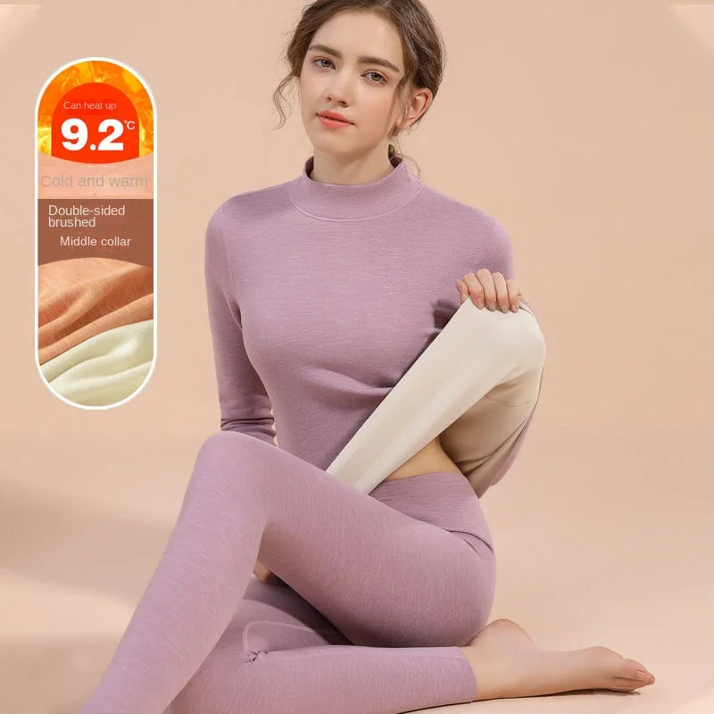 Thermal Underwear Sets for Women Mid-high Collar Winter Warmth High Stretch Base Thick Velvet Tops Trousers Seamless Lingerie